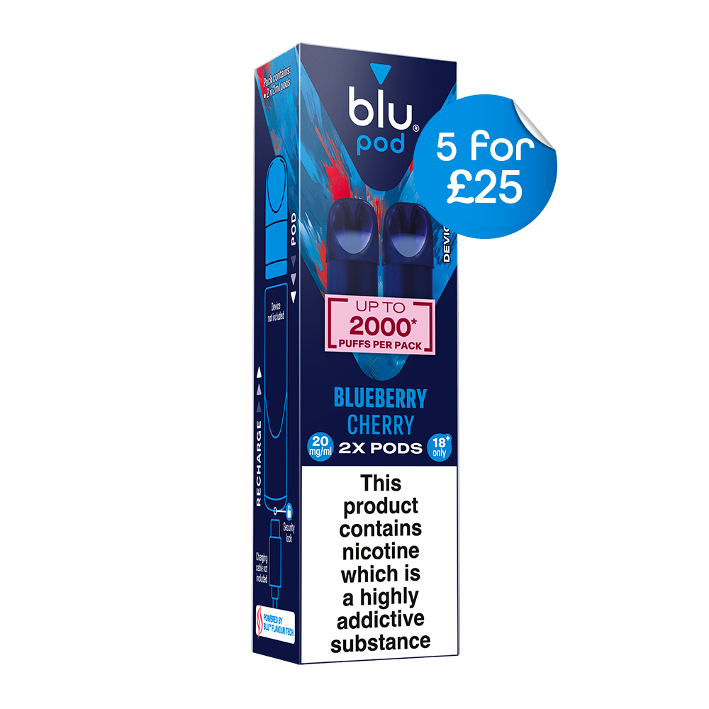 Buy Blu Bar Blueberry Cherry pre-filled vape pods 20mg nic salt, 2 pack. Up to 2000 puffs. Fast, discreet UK delivery. Order online today.