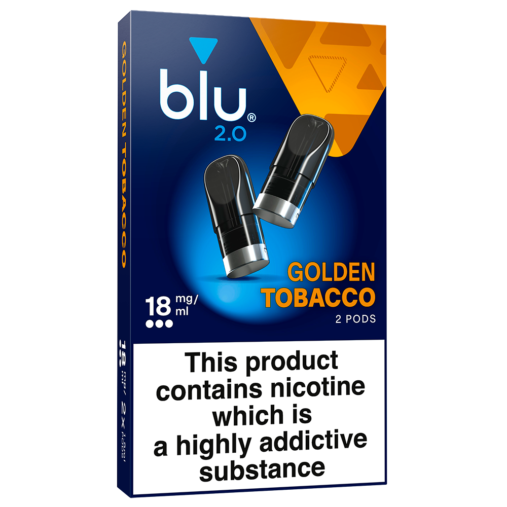 Shop Blu 2.0 Golden Tobacco prefilled vape pods, 18mg/ml nic salt, 2 pack. Ceramic pod tech, fits Blu 2.0 device only. Fast UK delivery, age verification required.