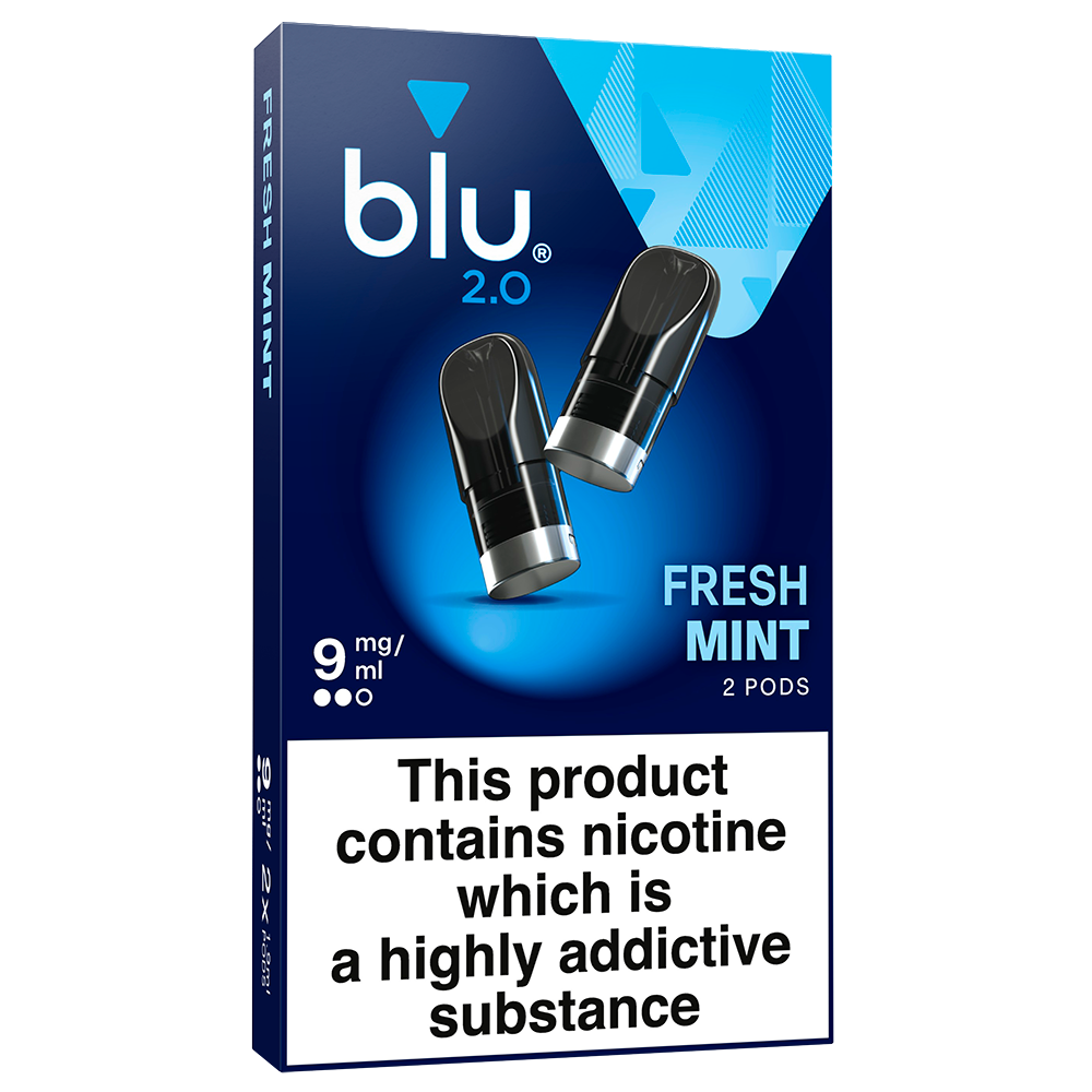 Buy blu 2.0 Fresh Mint Vape Pods 9mg. 2 pre-filled pods, 1.9ml each, smooth menthol and spearmint flavour, magnetic fit, for blu 2.0 device.