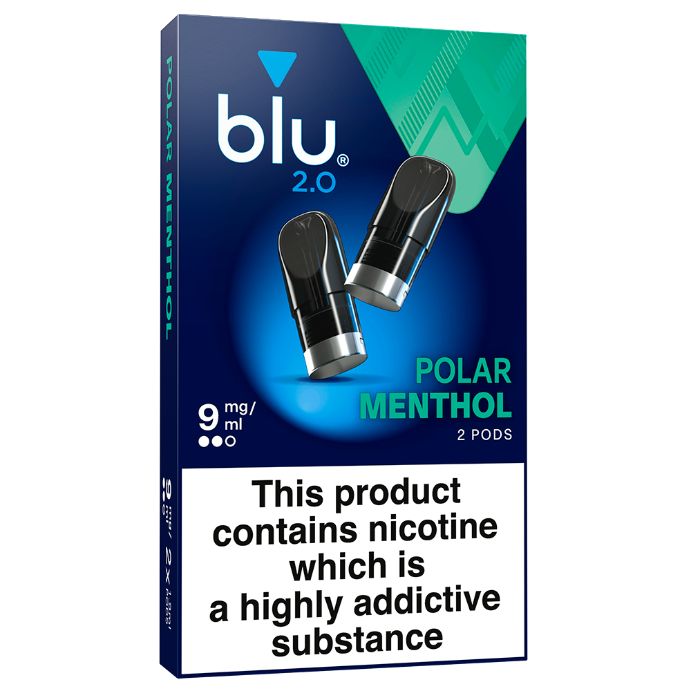 Shop Blu 2.0 Polar Menthol prefilled vape pods, 9mg/ml nic salt, 2 pack. Ceramic pod tech, fits Blu 2.0 device only. Fast UK delivery, age verification required.
