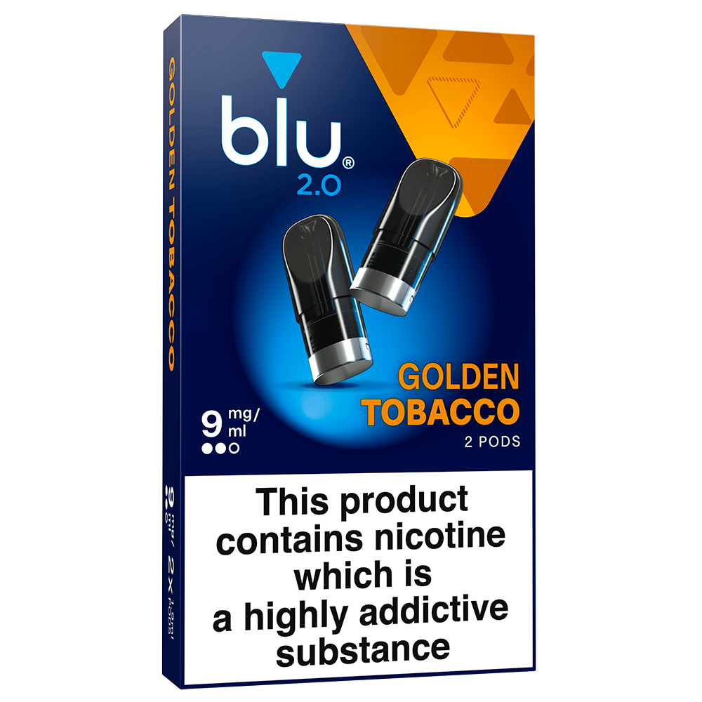 Shop Blu 2.0 Golden Tobacco prefilled vape pods, 9mg/ml nic salt, 2 pack. Ceramic pod tech, fits Blu 2.0 device only. Fast UK delivery, age verification required.